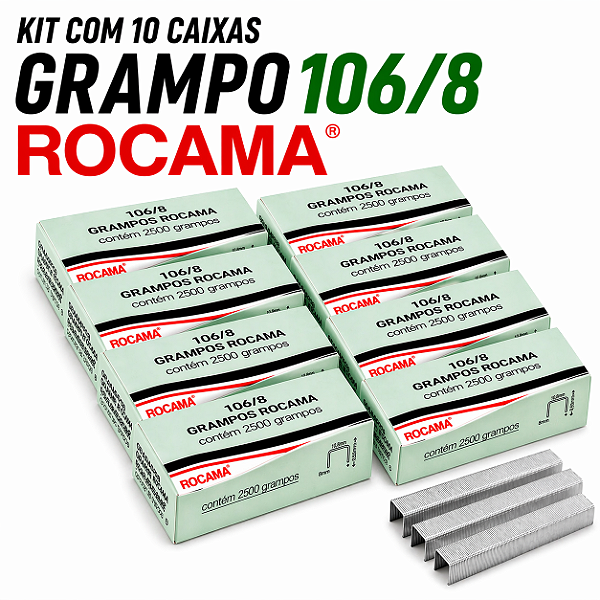 Kit 10 Caixas Grampos 106/8 Rocama 25.000 Grampos Galvanizado Atacado Revenda Estofaria Sofá Madeira