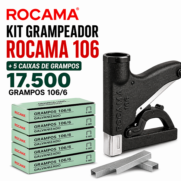 Kit Grampeador Rocama 106 + 5 Caixas 17.500 Grampos 106/6 Galvanizado Tapeceiro Estofado Sofá Madeira