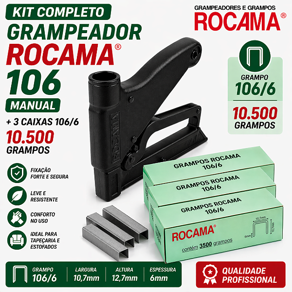 Kit Grampeador Rocama 106 + 3 Caixas 10.500 Grampos 106/6 Galvanizado Tapeceiro Estofado Sofá Madeira