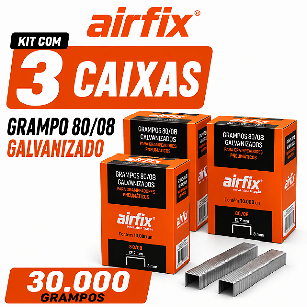 Grampo 80/08 Caixa c/ 10.000 Unid. Airfix 3 Caixas 30.000 Grampos