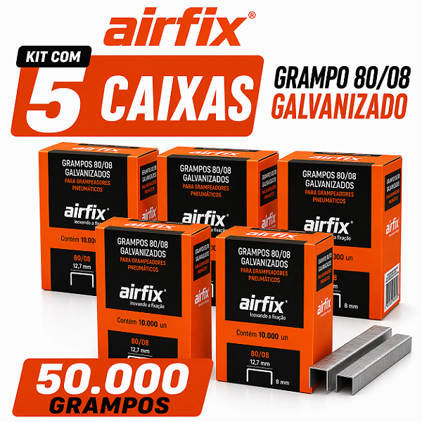 Grampo 80/08 Airfix 50.000 Grampos 5 Caixas Rendimento para Estofador Marcenaria MDF Madeira