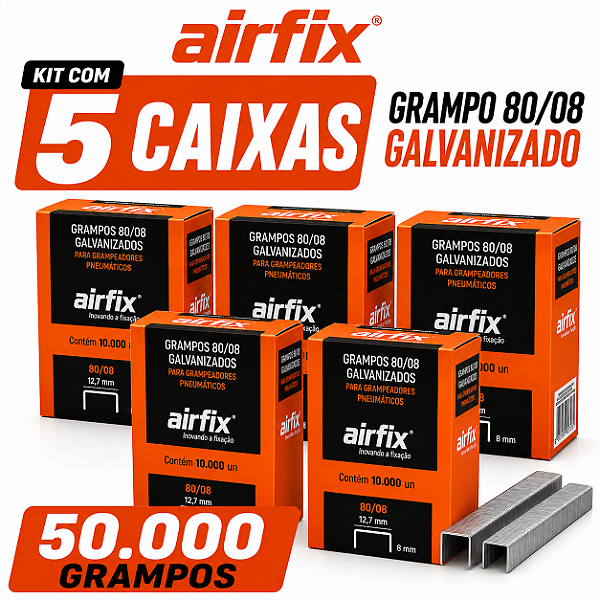 Grampo 80/08 Airfix 50.000 Grampos 5 Caixas Rendimento para Estofador Marcenaria MDF Madeira