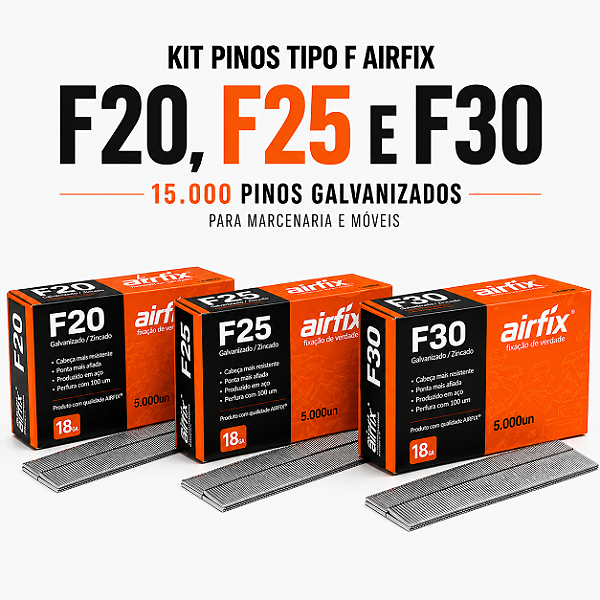 Kit Pinos Tipo F Airfix 3 Caixas F20, F25 e F30 15.000 Pinos Galvanizado Para Marcenaria e Móveis