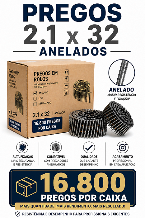 Pregos em Rolo 2.1x32 Anelado para Pregador Pneumático Linha Profissional Alta Fixação Pallet Madeira 16.800 Unidades