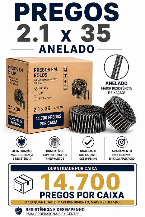 Pregos em Rolo 2.1x35 Anelado para Pregador Pneumático Linha Profissional Alta Fixação Pallet Madeira 14.700 Unidades