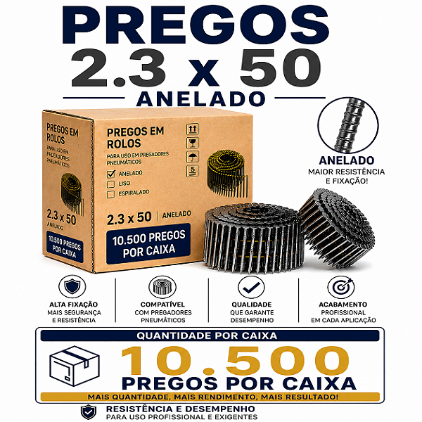 Pregos em Rolo 2.3x50 Anelado para Pregador Pneumático Linha Profissional Alta Fixação Pallet Madeira 10.500 Unidades