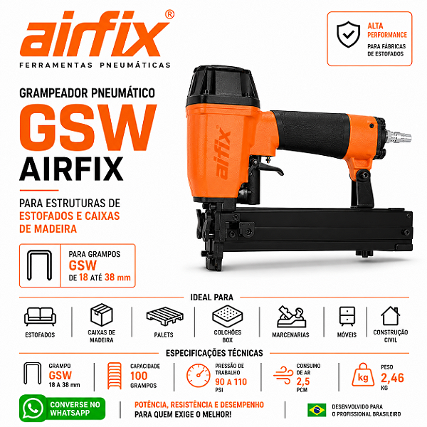 Grampeador Pneumático GSW Airfix 18 a 38mm Profissional para Estofados, Pallets e Embalagens de Madeira