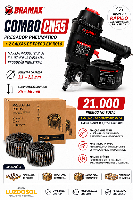 Kit Industrial Pregador Pneumático CN55 BRAMAX + 2 Caixas de Prego em Rolo 2,3x50mm Anelado (21.000 Pregos)