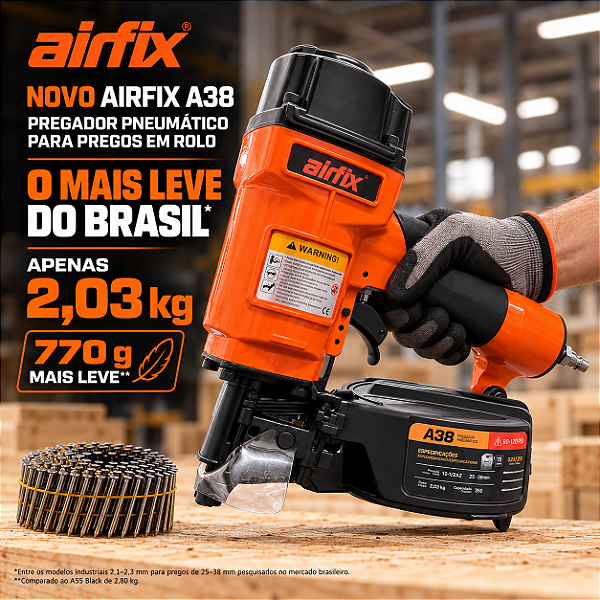 Pregador Pneumático A38 Leve 2,09 kg para Pregos em Rolo 25 a 38 mm | Caixas e Embalagens