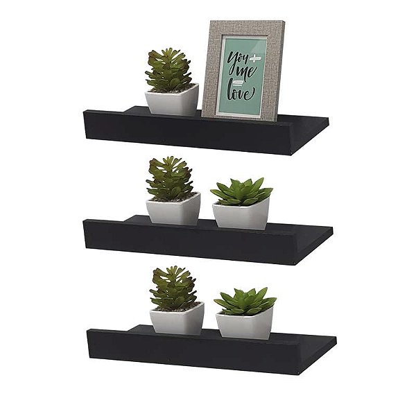 Kit 3 Prateleiras Porta Quadros 40 x 15cm Preta Suporte Invisível
