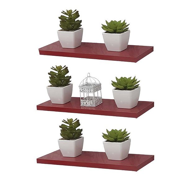 Kit 3 Prateleiras 40 x 15cm Vermelha Suporte Invisível
