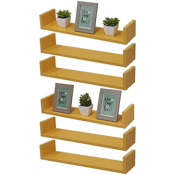 Kit 6 Prateleiras U 60 x 15cm Amarela Suporte Invisível
