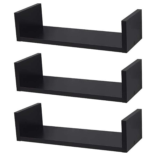 Kit 3 Prateleiras U 50 x 10cm Preta Suporte Invisível