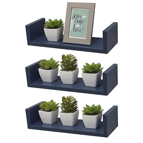 Kit 3 Prateleiras U 40 x 15cm azul Suporte Invisível