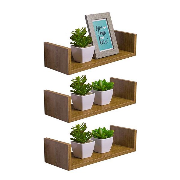 Kit 3 Prateleiras U 30 x 15cm Freijó Suporte Invisível
