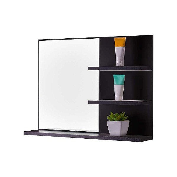 Espelho para Banheiro com Prateleiras Lugano Preto 60 x 45cm