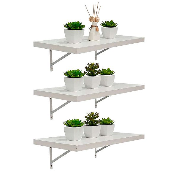 Kit 3 Prateleiras 50 x 30cm Branco Espessura 25mm Mão Francesa