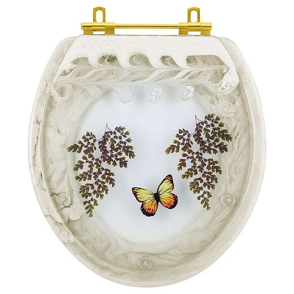 Tampa de Vaso Poliester Oval Bege Decorado Borboleta Amarela Com Ferragem Dourada