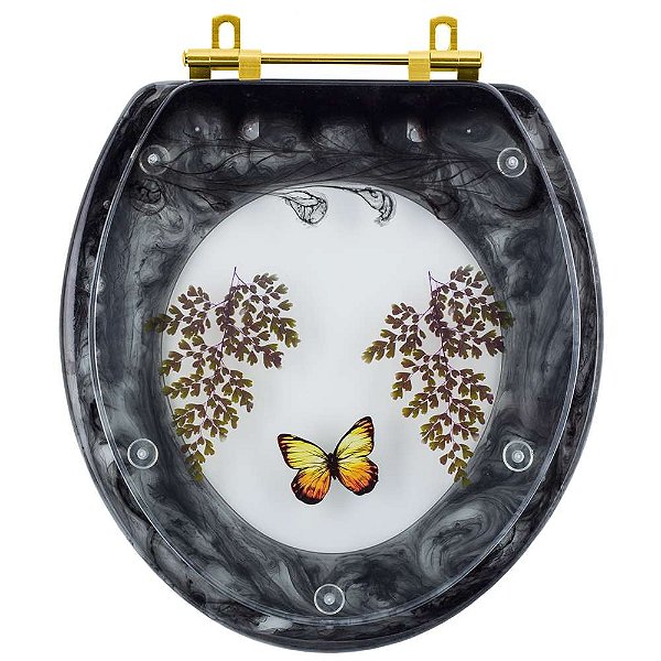 Tampa de Vaso Poliester Oval Preto Decorado Borboleta Amarela Com Ferragem Dourada