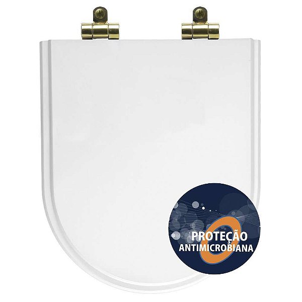 Tampa de Vaso Poliéster Antibactéria Com Amortecedor Level Branco para Bacia Deca com Ferragem Dourada