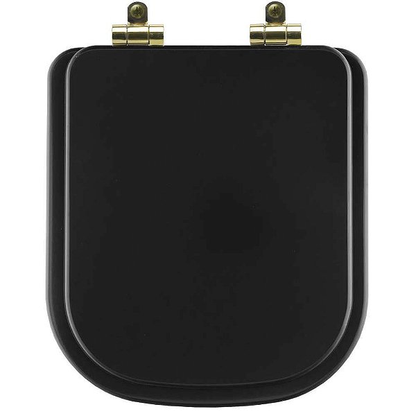 Tampa de Vaso Poliéster Com Amortecedor Quadra Preto Fosco para Bacia Deca com Ferragem Dourada