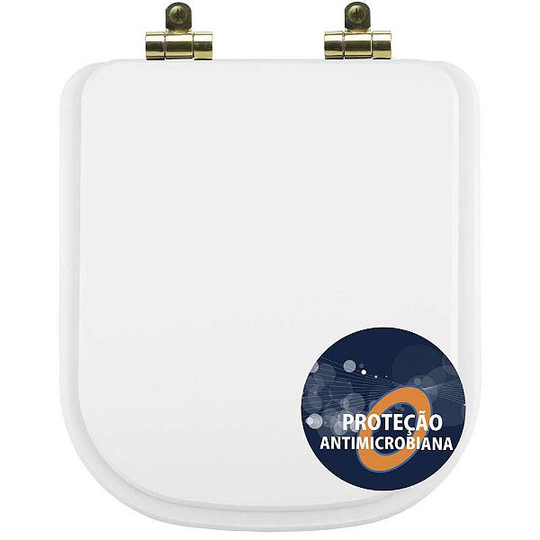 Tampa de Vaso Poliéster Antibactéria Com Amortecedor Piano Branco para Bacia Deca com Ferragem Dourada