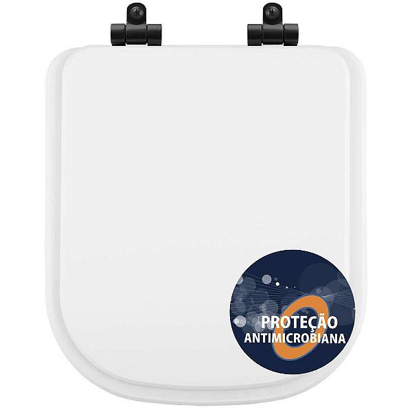 Tampa de Vaso Poliéster Antibactéria Com Amortecedor Piano Branco para Bacia Deca com Ferragem Preta