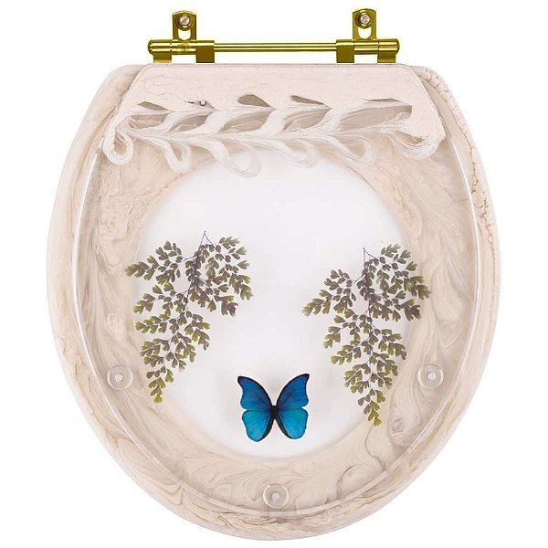 Assento Sanitário Poliester Oval Bege Claro Decorado Borboleta Azul Com Ferragem Dourada
