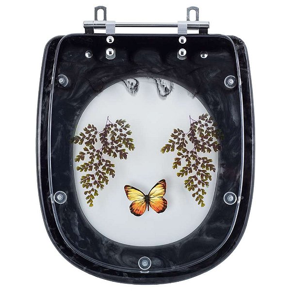 Assento Sanitario Poliester Decorado Borboleta Paris Preto para vaso Ideal Standard