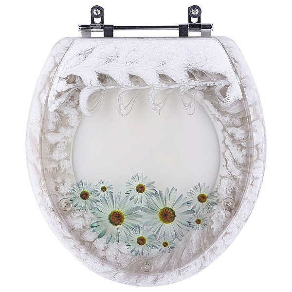 Assento Sanitário Poliester Decorado Margaridas Branco