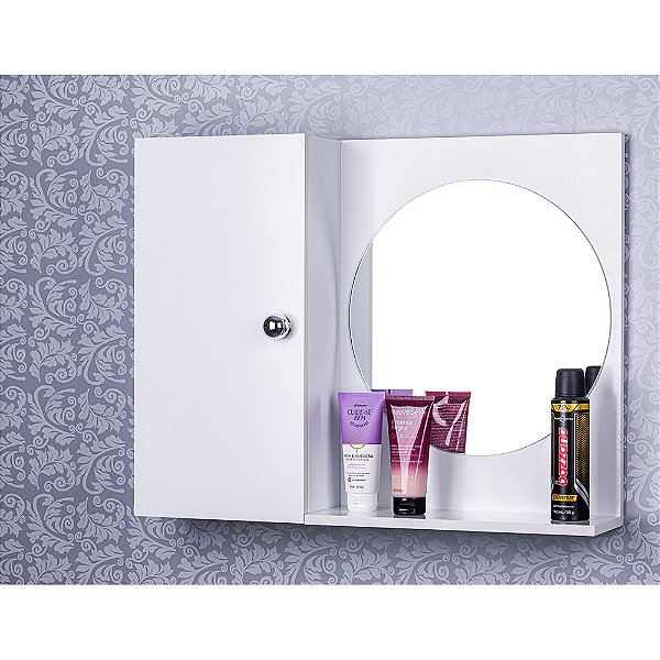 Armário Para Banheiro Com Espelho Redondo cor Branco Com Porta Que Fecha Suave