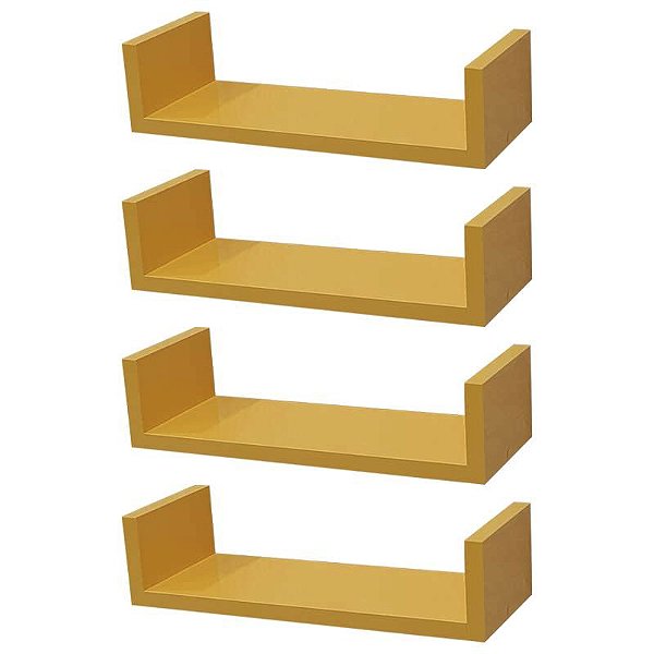 Kit 4 Prateleiras U 40 x 10cm Amarela Suporte Invisível