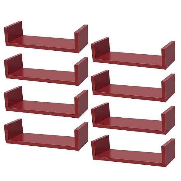 Kit 8 Prateleiras U 40 x 10cm Vermelha Suporte Invisível
