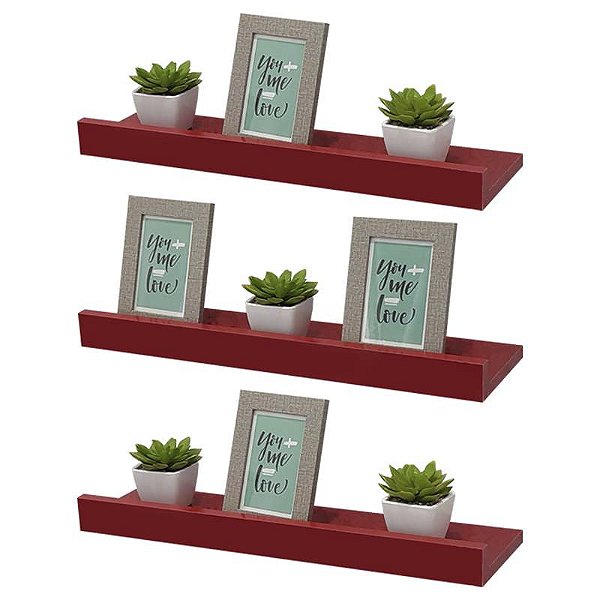 Kit 3 Prateleiras Porta Quadros 70 x 15cm Vermelha Suporte Invisível