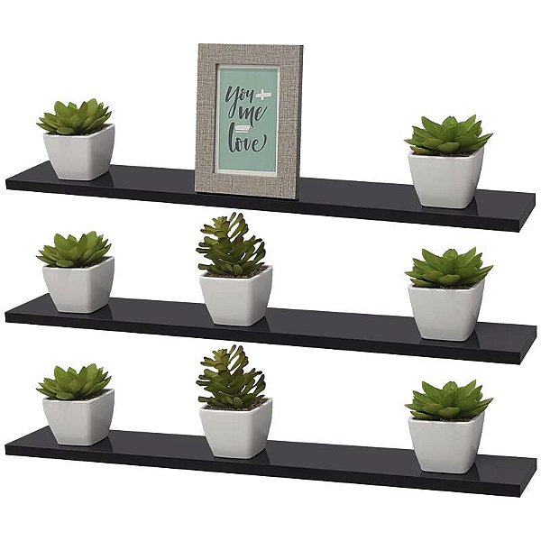 Kit 3 Prateleiras 60 x 10cm Preta Suporte Invisível