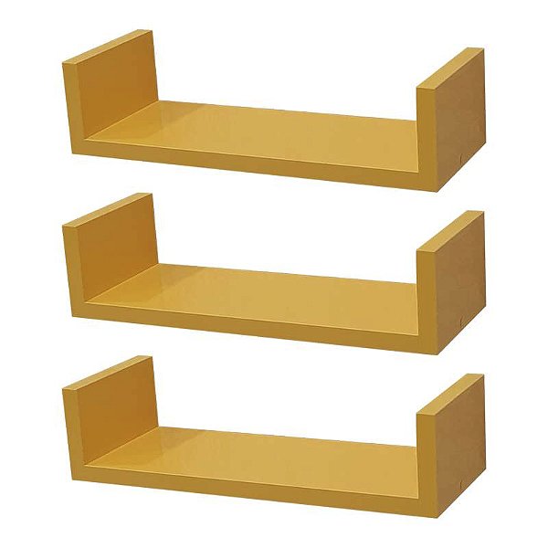 Kit 3 Prateleiras U 40 x 15cm Amarela Suporte Invisível