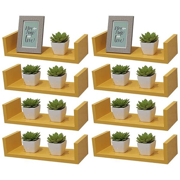 Kit 8 Prateleiras U 40 x 15cm Amarela Suporte Invisível