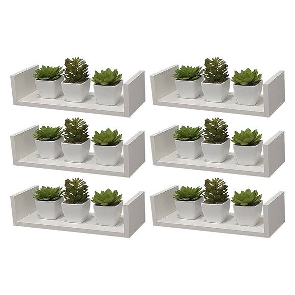 Kit 6 Prateleiras U 40 x 15cm Branca Suporte Invisível