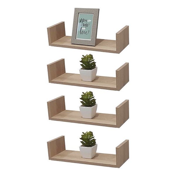 Kit 4 Prateleiras U 40 x 15cm Carvalho Suporte Invisível