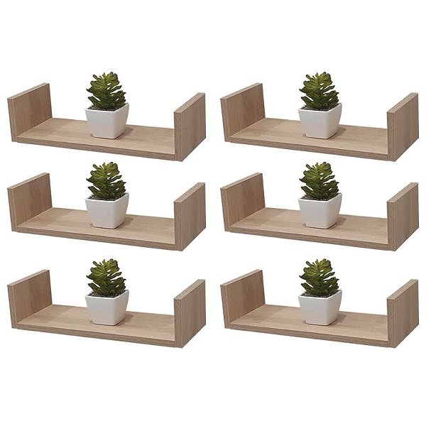 Kit 6 Prateleiras U 40 x 15cm Carvalho Suporte Invisível