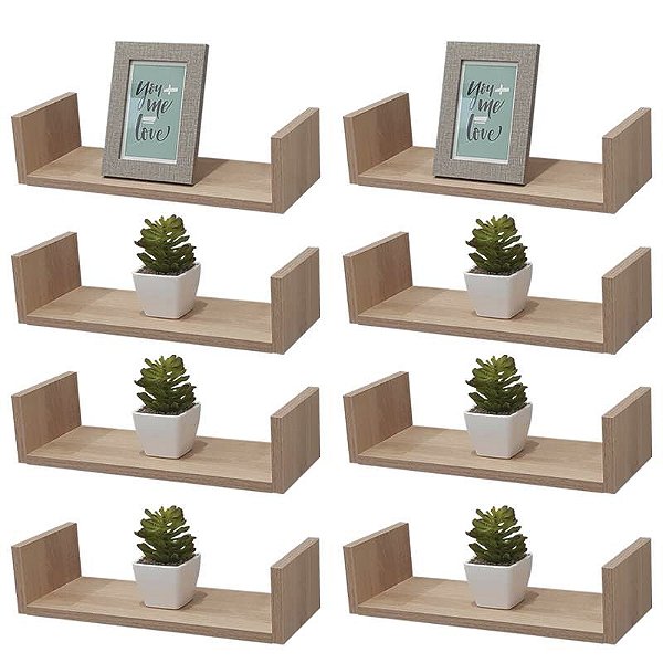 Kit 8 Prateleiras U 40 x 15cm Carvalho Suporte Invisível