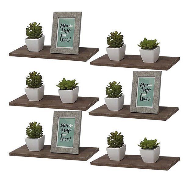 Kit 6 Prateleiras 40 x 15cm Nogal Suporte Invisível