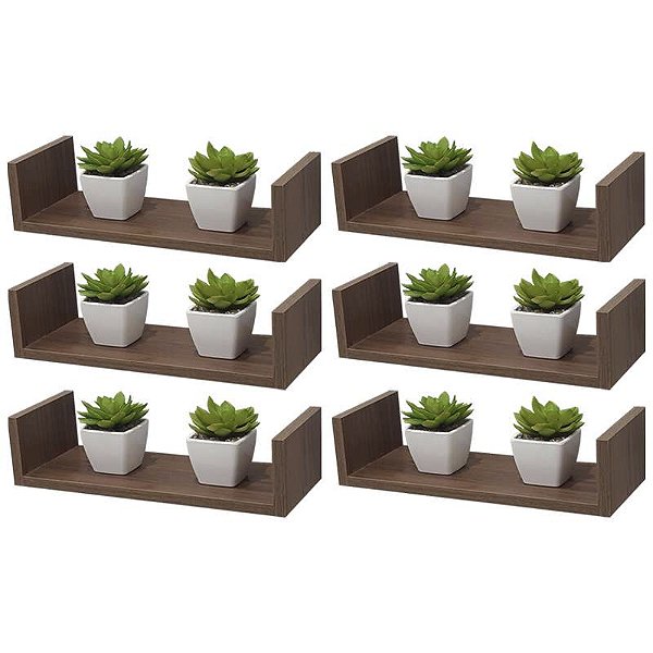 Kit 6 Prateleiras U 40 x 15cm Nogal Suporte Invisível