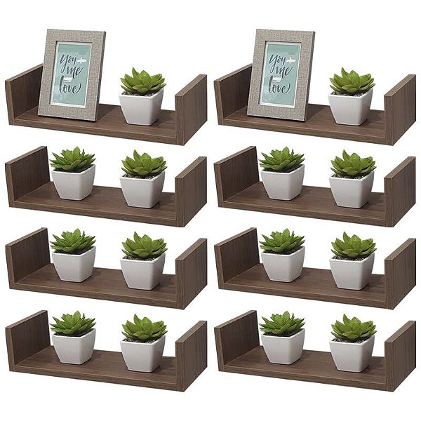 Kit 8 Prateleiras U 40 x 15cm Nogal Suporte Invisível