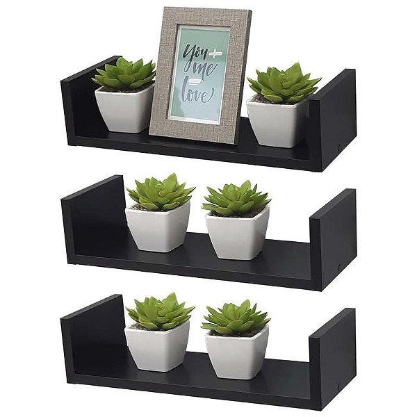 Kit 3 Prateleiras U 40 x 15cm Preta Suporte Invisível