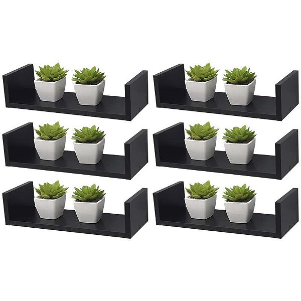 Kit 6 Prateleiras U 40 x 15cm Preta Suporte Invisível