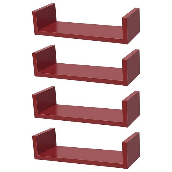 Kit 4 Prateleiras U 40 x 15cm Vermelha Suporte Invisível