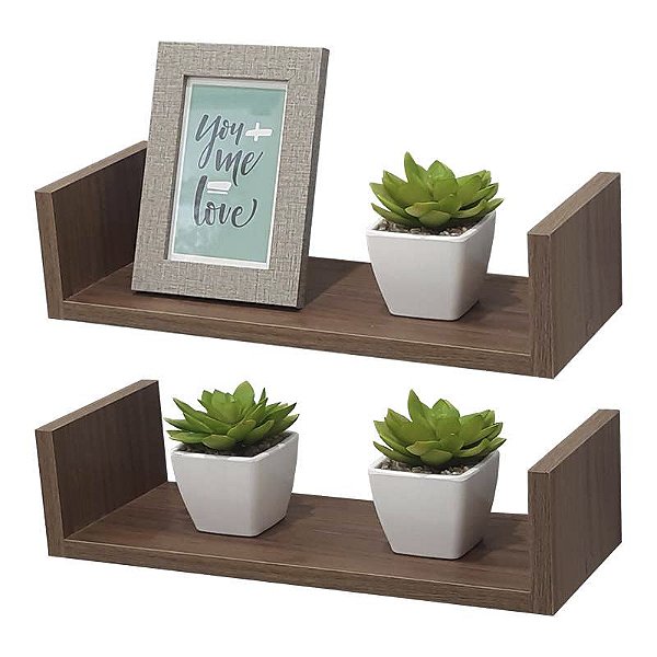 Kit 2 Prateleiras U 40 x 20cm Nogal Suporte Invisível