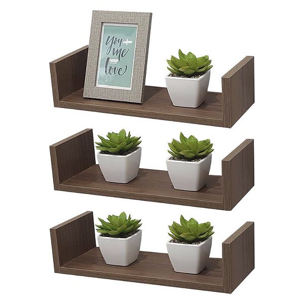 Kit 3 Prateleiras U 40 x 20cm Nogal Suporte Invisível