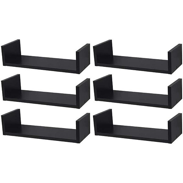 Kit 6 Prateleiras U 40 x 20cm Preta Suporte Invisível